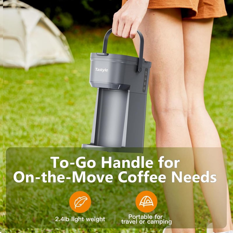 Tastyle Single Serve One Cup Coffee Maker, for K Cups and Grounds, Mini Coffee Maker with Portable Handle, 6 to 12 Oz Brew Size, for Travel, Camping, Office, RV and Dorm, 120V, Cool Gray - Image 4